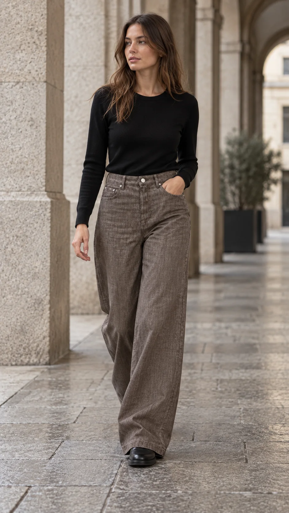 Визуализация женских широких джинсов SUN DENIM в коричневом оттенке